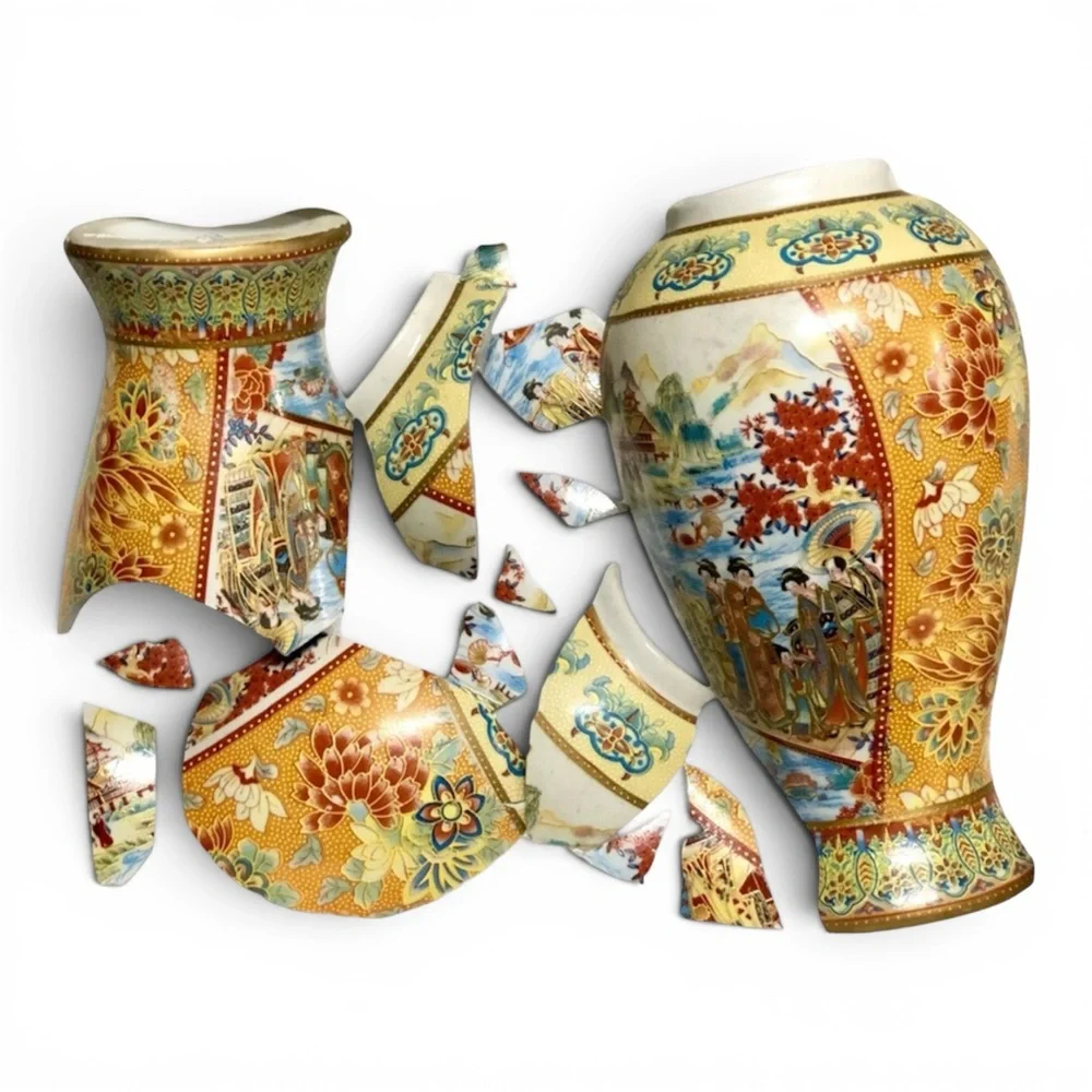 Kintsugi Vase 11” Temple Jar Satsuma-Style Gold Crack Art Personal Growth Gift
